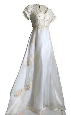 Vintage 50’s Wedding Gown Off White Lace Applique Real Grey Pearls Couture • $300