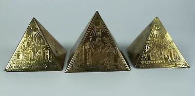 3 Vintage Polished Brass Etched Pyramid Egyptian Gods Hieroglyphics Paperweight • £24.99