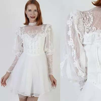 Vtg 60s Monochrome Wedding Micro Mini Dress Victorian White Lace Bridal Gown • $79.80