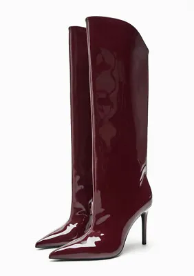 $64.03 • Buy Zara Knee-high Heeled Boots Burgundy Red Wide Leg Ss23 All Sizes Ref. 1001/010