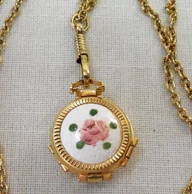 Vintage Gold Tone. Enamel Guilloche Cabbage Rose 4-pic Pop Out Locket Necklace • $45.88