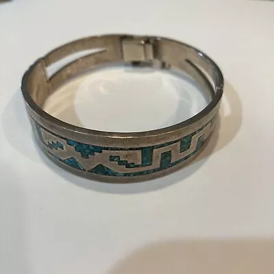 Vintage Mexico Bangle TC-49 TAXCO Turquoise Inlay 925 Sterling Silver Bracelet • $24.50