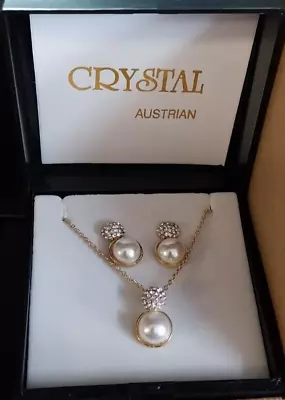 Golden Pearl And Crystal Pendant Necklace With Matching Earrings Set Gift-Boxed • £9.99