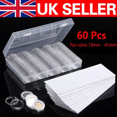 60 PCS PLASTIC CLEAR COIN CAPSULES - FOR COINS SIZE From 19mm To 41mm UK STOCK • £11.99