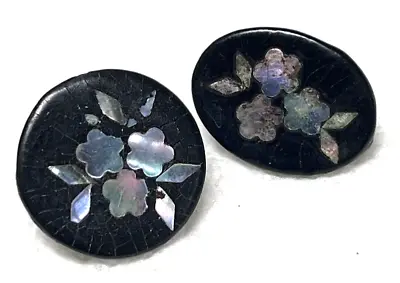 Antique Buttons Black Rubber W Abalone Flowers & Leaves Rnd Oval Beautiful • $4.75