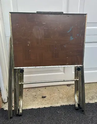 Faux Wood TV Trays Set Of 3 W/ Rolling Cart Stand 1960's / 1970's • $50