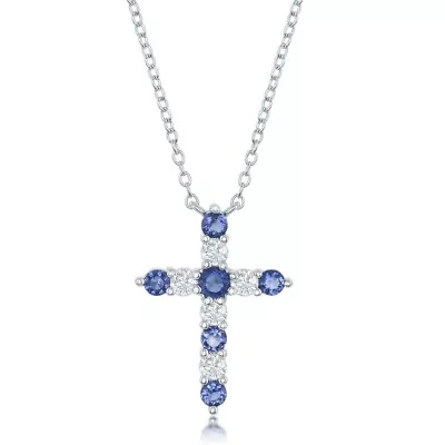$28.62 • Buy Sterling Silver Sapphire CZ September Birthstone Cross Necklace