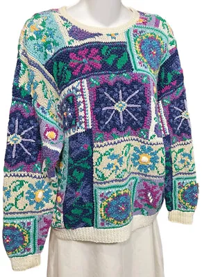 Vintage Granny Square Sweater Size Large Northern Isles Funky Blue Floral Knit • $85
