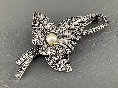 Vintage Sterling Silver Marcasite Brooch Germany • $39