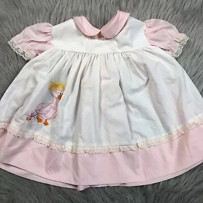 Vintage Baby Girls Pink White Tie Back Duck Lace Ruffle Dress Cute Easter • $14