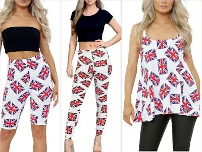 Ladies Union Jack Uk Flag Woman Cami Vest Shorts Uk Flag Print Leggings Top • £7.49