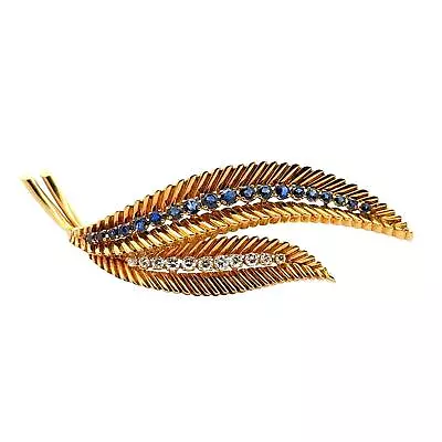 Van Cleef & Arpels Diamond Sapphire 18 Karat Yellow Gold Vintage Leaf Brooch • $7450
