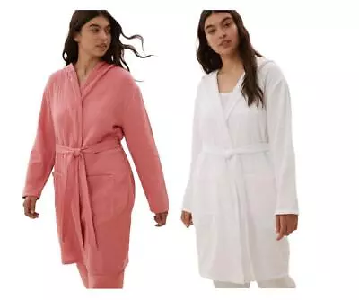 Ladies ExM&S Hoooded Muslin Pure Cotton Pink White Dressing Gown • £11.99