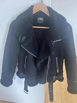 Zara Black Faux Suede Sheepskin Biker Jacket Sz M Unworn • $35