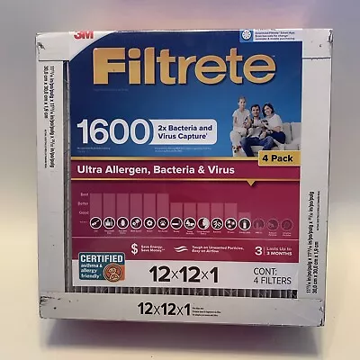 Filtrete Air Filter 12x12x1 Ultra Allergen Bacteria And Virus 1600 MPR (4pk) NEW • $24.99