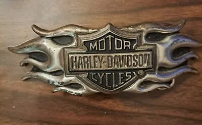 Vintage Harley Davidson Silver & Black Flaming Shield Belt Buckle • $41