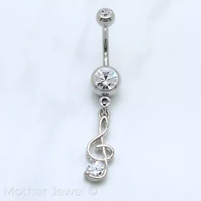 Simulated Diamond Treble Clef Music Note Silver Surgical Steel Belly Navel Ring • $11.55