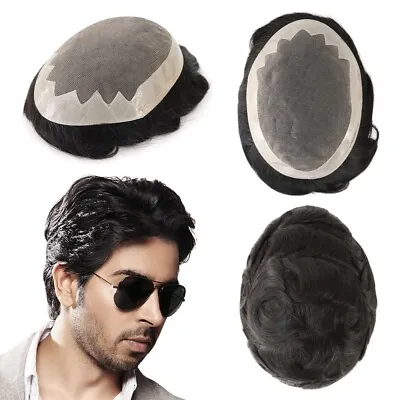 Mens Hair Replacement System Fine Mono Poly SKin Toupee Human Hair Piece 6x8 #1B • £71.99