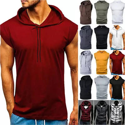 Mens Gym Vest Hooded Tank Tops Workout Hoodie Muscle Casual T-Shirt Sleeveless • £13.27