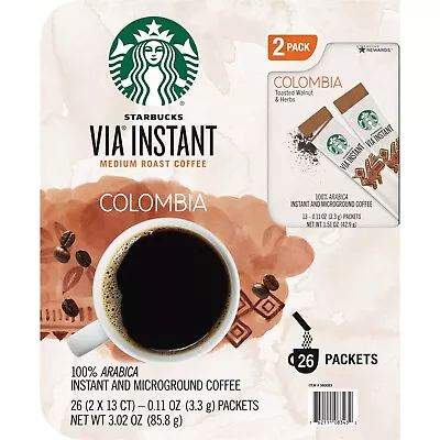 2 X Starbucks VIA Instant Columbia Coffee Medium Roast 26 Ct Each Total 52 Ct • $46.99