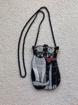 Vintage Hand Beaded Kitty Cat Crossbody Bag Black White Cats Beads Purse  • $19.99