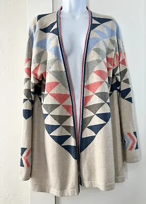 J. Jill Intarsia Aztec Cardigan Sweater Women Medium Longline Open Front Oatmeal • $20