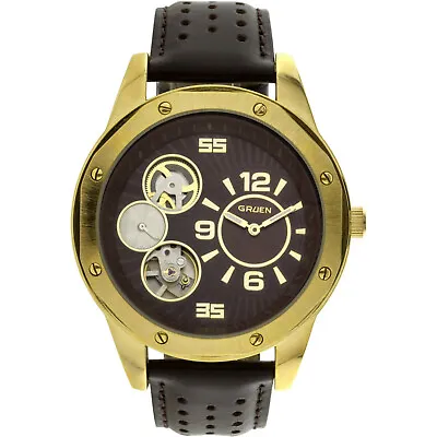 Gruen  Men's Round Polished Gold Case Semi-Automatic Watch Genuine Brown Leather • $36.95