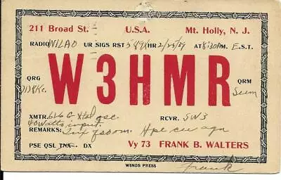 QSL  1939 Mount Holly NJ  Radio Card    • $6.02