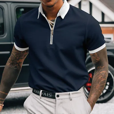 $18.61 • Buy Men Short Sleeve V-Neck Shirt Casual Slim Fit Sport Golf Zipper T Shirt Tops Tee