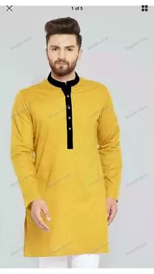 Mens Kurta Cotton Kurta Yellow Color For Men Boys Traditional Indian S/M/L/XL/XX • £16.93