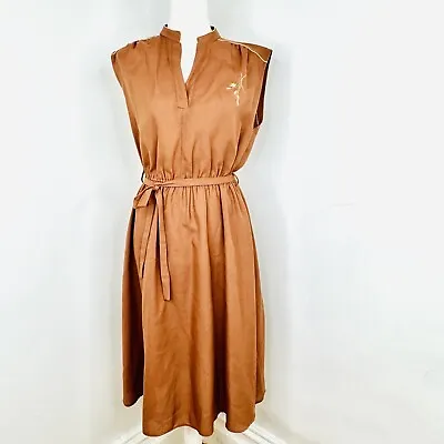 Vintage Exclusive To Katies Brown 70’s Dress Size 12 Embroidered Sun Dress Belt • $42.94