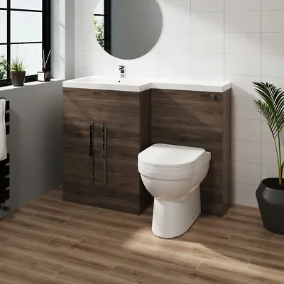 Bathroom Walnut L-Shape LH Basin Vanity Unit BTW WC Toilet 1100mm Furniture Set • £435.99