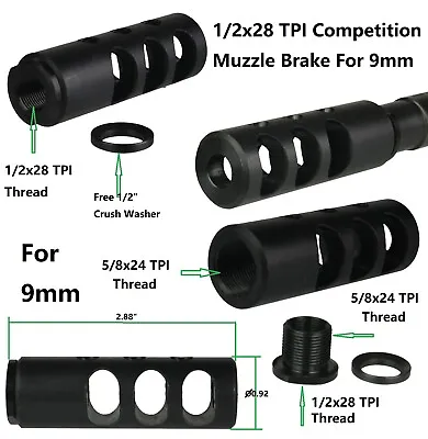 Steel Low Concussion Competition Muzzle Brake Compensator 1/2x28 TPI For 9mm   • $19.99