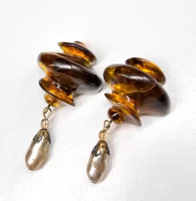 Vintage Amber Dangle Clip On Earrings 2 1/2  I03 • $0.99