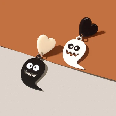 $1.99 • Buy Black White Acrylic Heart Ghost Asymmetric Stud Earrings Halloween Jewelry Gift