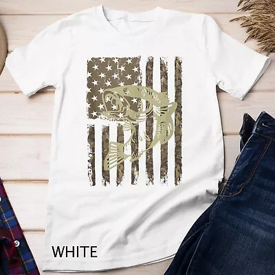 Camouflage USA Flag Big Mouth Bass Vintage Fishing Unisex T-shirt • $16.99