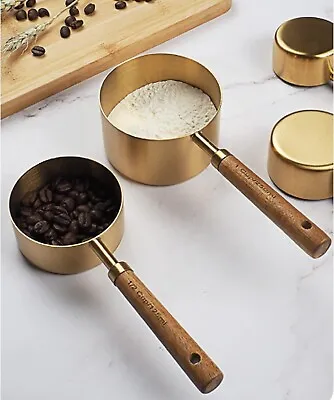 4Pcs Measuring Spoon Set Wooden Handle Stainless Steel Measuring Cups  4 SIZES • £12.99