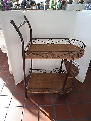 Vintage Rattan Wicker Bar Cart Rolling 3-tier Coastal Storage 1970's Retro • $298