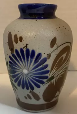 Tonala Mexican Pottery Folk Art Flowers Blue Brown Sandstone Vase 4  Mexico EUC • $15