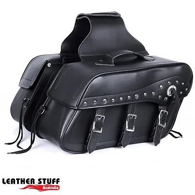 CRUISER SADDLE BAGS SLANTED UNIVERSAL LEATHER Motorcycle Panniers Studded Pair • $219.99