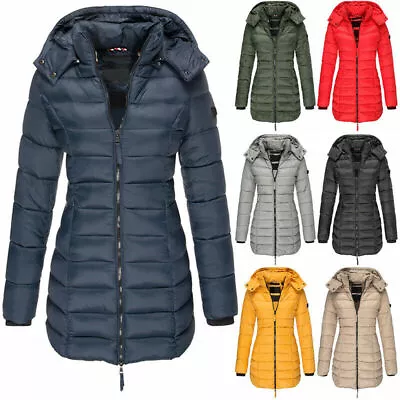 Womens Hooded Quilted Jacket Zip Up Padded Winter Warm Long Coat Puffer Outwear • £21.99