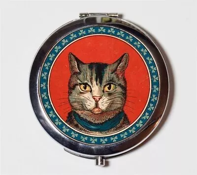 Cat Head Vintage Illustration Compact Mirror Make Up Pocket Mirror Cosmetics • $11.99