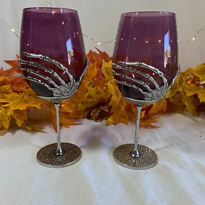 Halloween Skeleton Hand Stemmed Wine Glasses Purple Glass W/ Metal Set 2 New • $26.99