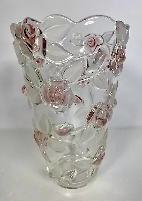 Mikasa BELLA ROSE Germany Frost Leaves Embossed Blush Roses Crystal 9.5  Vase • $29.97