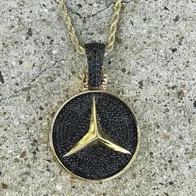 2Ct Round Cut Black Spinel Mercedes Benz Pendant 14K Yellow Gold Plated Silver • $159.99