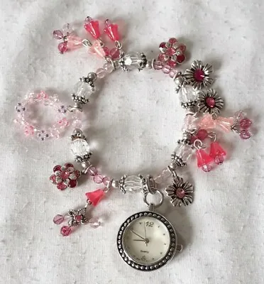 Pink Beaded/spangled Charm Bracelet With Quartz Watch • £1.50