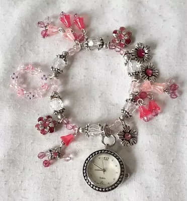 Pink Beaded/spangled Charm Bracelet With Quartz Watch • £1.50