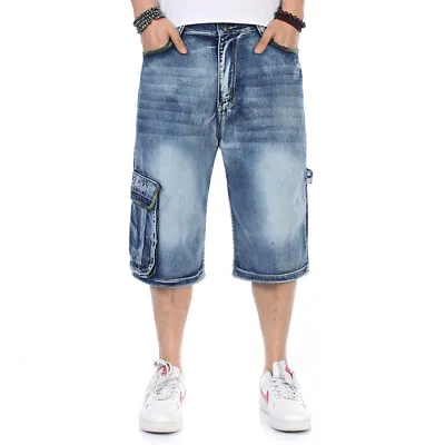 Mens Jeans Shorts Capri Denim Cargo Pants Relaxed Hip-Hop Hipster Baggy W32-W46 • $48.44