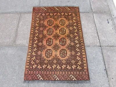 Vintage Traditional Hand Made Afghan Oriental Wool Faded Gold Brown Rug 117x79cm • £115