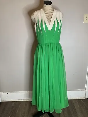  Vintage Nat Kaplan Couture Flame Silk Chiffon Dress Women’s Green Gown • $154